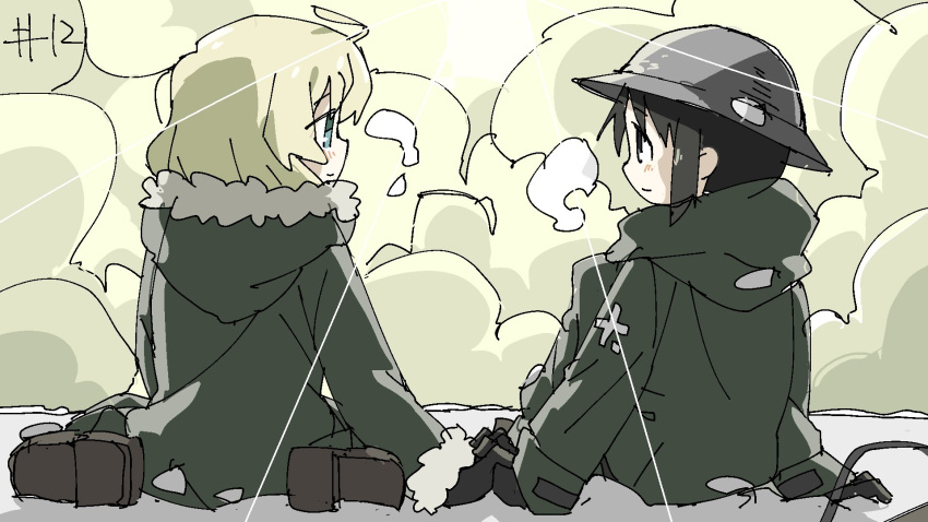 2girls, ahoge, aqua_eyes, black_eyes, black_hair, blonde_hair, blush, boots