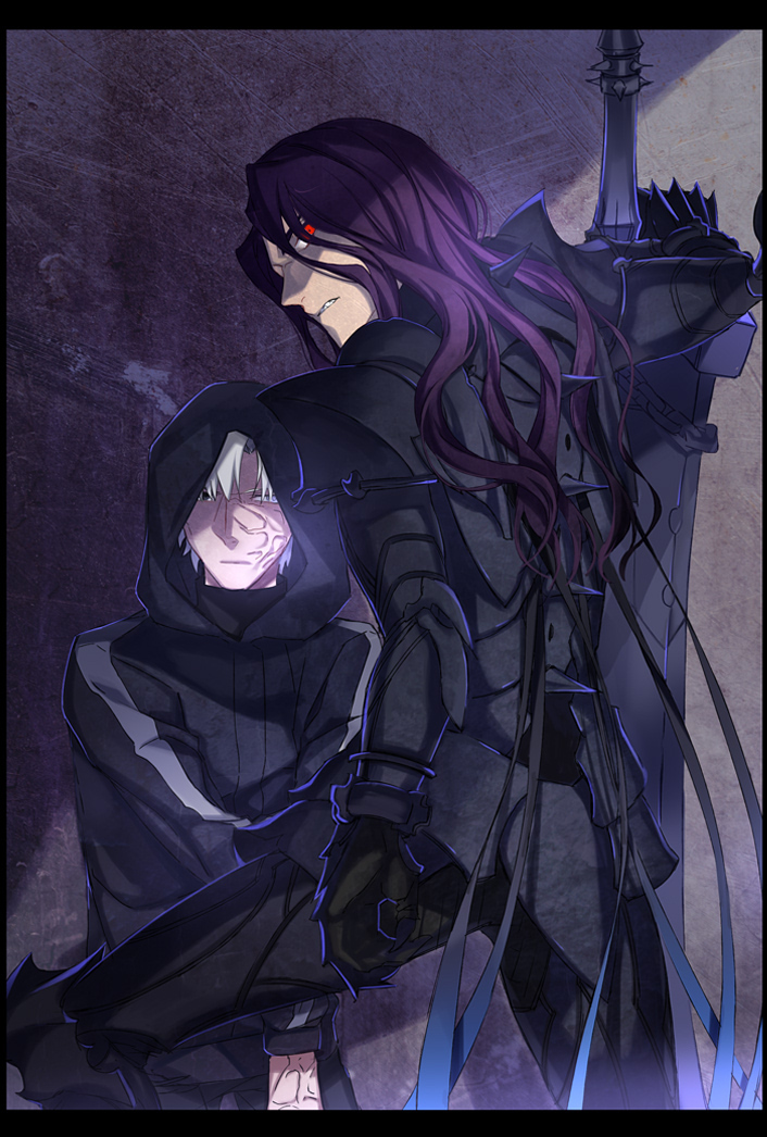 2boys, armor, arondight, berserker_(fate/zero), fate/zero, fate_(series), hood, hoodie