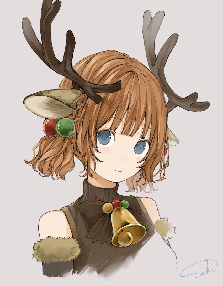 1girl, absurdres, animal_ears, antlers, bangs, bare_shoulders, bell, blue_eyes