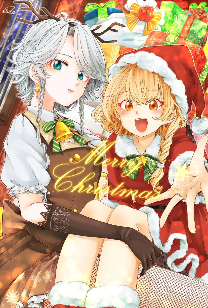 2girls, alternate_costume, aqua_eyes, bangs, bell, black_gloves, blonde_hair, box