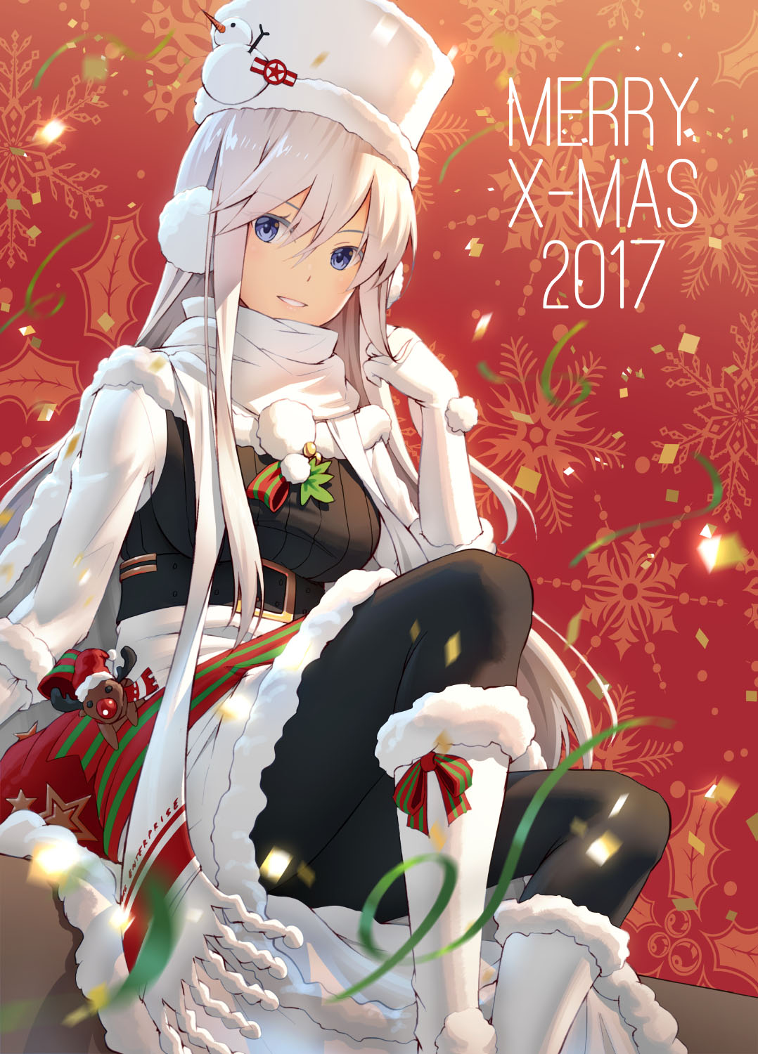 1girl, 2017, azur_lane, bangs, belt, blue_eyes, breasts, character_name, christmas, coat, earmuffs, enterprise_(azur_lane), enterprise_(reindeer_master)_(azur_lane), eyebrows_visible_through_hair, floating_hair, gloves, hat, highres, long_hair, looking_at_viewer, merry_christmas, pinakes, playing_with_own_hair, pom_pom_(clothes), scarf, silver_hair, sitting, smile, solo, stuffed_deer, underbust, very_long_hair, white_footwear, white_gloves, white_hat, white_scarf, winter_clothes, winter_coat