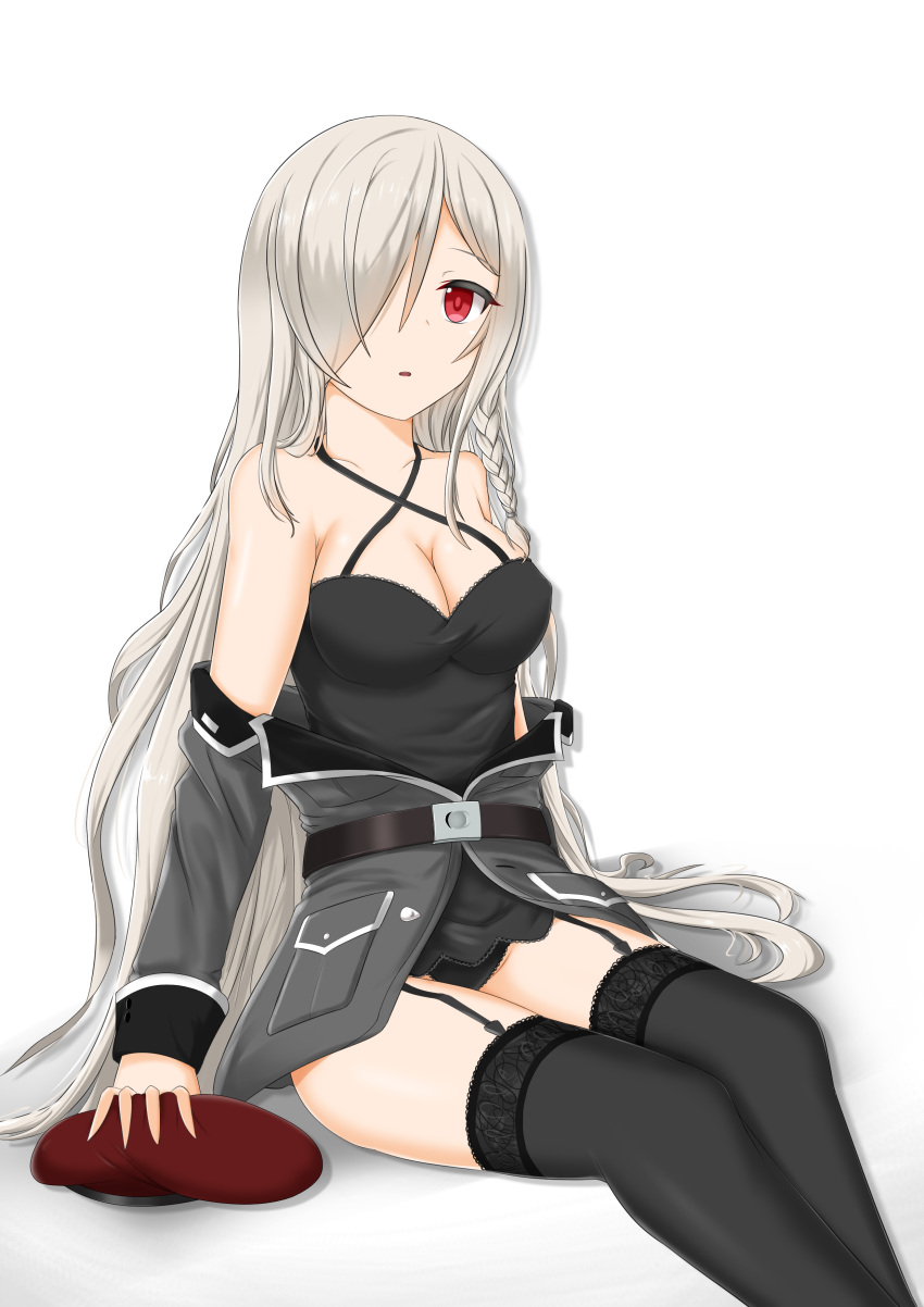 1girl, absurdres, bare_shoulders, belt, black_legwear, black_panties, braid, breasts