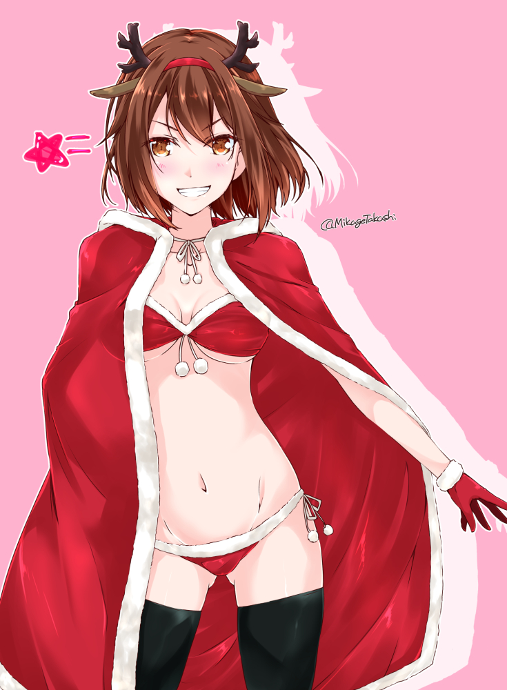 1girl, alternate_costume, antlers, bikini, black_legwear, bow, breasts, brown_eyes