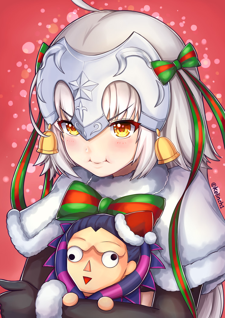 1girl, :i, ahoge, black_gloves, bow, caster_(fate/zero), character_doll, commentary, elbow_gloves, fate/grand_order, fate_(series), fur_trim, gloves, green_ribbon, headpiece, jeanne_d'arc_(fate)_(all), jeanne_d'arc_alter_santa_lily, kelinch1, pout, ribbon, short_hair, solo, striped, striped_bow, striped_ribbon, yellow_eyes