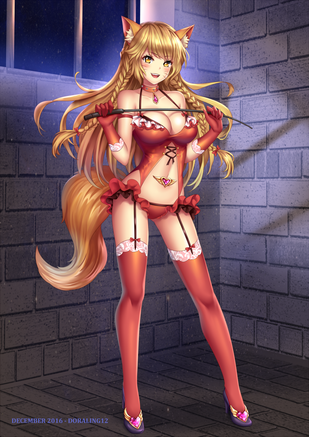 1girl, animal_ears, artist_name, bare_shoulders, bdsm, black_footwear, black_sky, borrowed_character