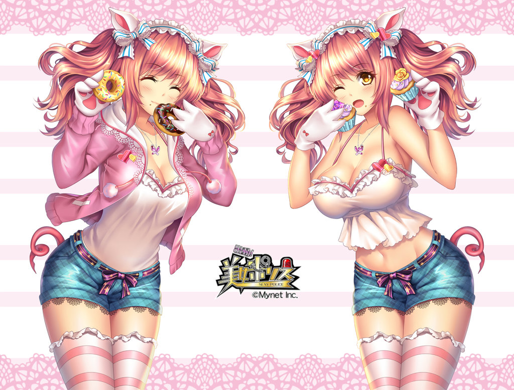 1girl, animal_ears, arms_up, black_belt, blue_shorts, blue_stripes, blush, bow