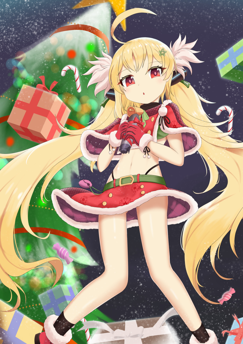 1girl, :o, absurdres, ahoge, azur_lane, belt, blonde_hair, candy, candy_cane, capelet, christmas, christmas_tree, denkouseka_akaiken, eldridge_(azur_lane), food, fur_trim, gift, hair_ornament, highleg, highleg_panties, highres, long_hair, looking_at_viewer, midriff, miniskirt, navel, panties, red_eyes, red_skirt, skirt, snowing, solo, standing, star, star_hair_ornament, twintails, underwear, very_long_hair, wind, wind_lift