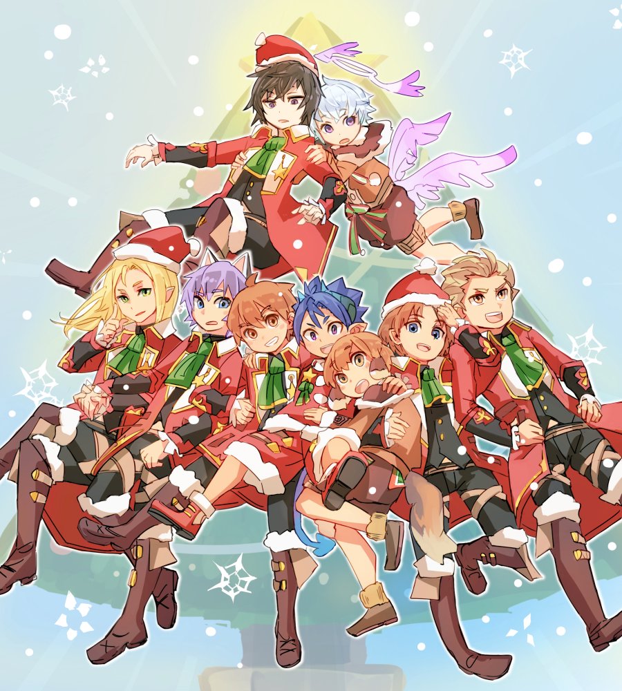 6+boys, alvin_granford, angel, animal_ears, black_hair, blonde_hair, blue_hair, brown_eyes, brown_hair, cat_ears, catboy, christmas, demon_boy, dog_ears, dog_tail, dogboy, elf, erik_burton, geetgeet, green_eyes, grey_hair, halo, hat, killian_phegor, ledo_vassar, luke_venus, male_focus, michael_lancelot, multiple_boys, pointy_ears, pop-up_story, santa_hat, selim_spark, shinigami, silver_hair, tail, violet_eyes, wings, yuri_ressen, ziz_glover