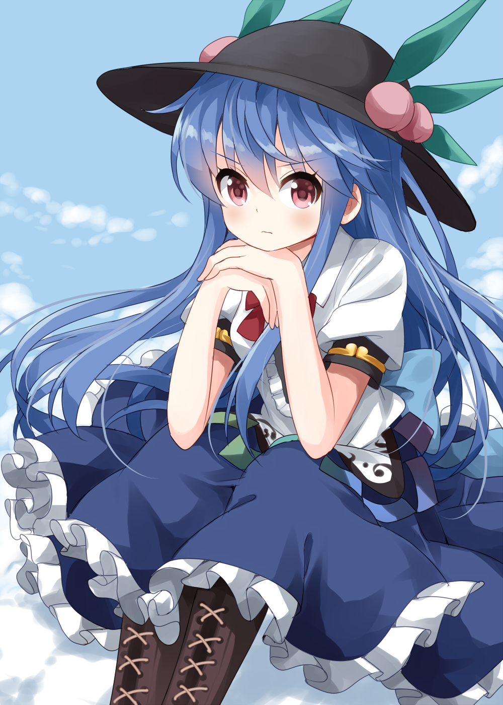 1girl, blue_hair, blue_skirt, boots, bow, brown_footwear, chin_rest, commentary_request