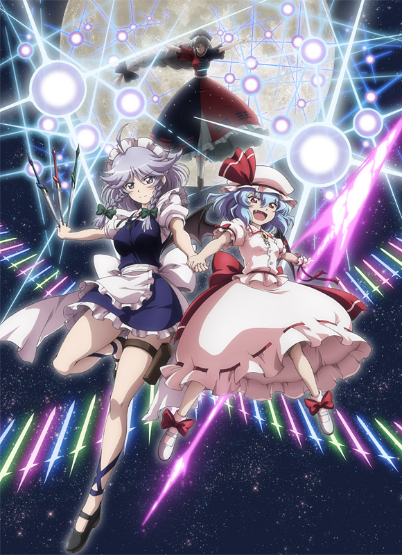3girls, ahoge, apron, black_footwear, blue_eyes, blue_hair, bow, braid