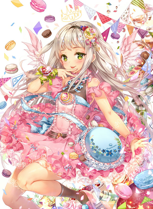1girl, :p, black_hair, black_legwear, blush, brown_belt, commentary, cup, dress, feathered_wings, food, green_eyes, green_ribbon, hieihirai, high_heels, kneehighs, long_hair, looking_at_viewer, macaron, mismatched_legwear, multiple_belts, original, pastry, pink_dress, pink_wings, ribbon, shiny, shiny_hair, silver_hair, simple_background, single_kneehigh, single_thighhigh, solo, sweets, teacup, thigh-highs, tongue, tongue_out, v, white_background, white_legwear, wings