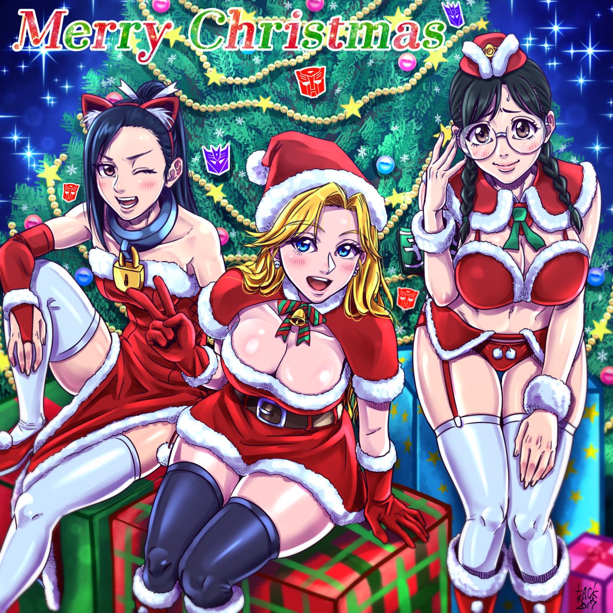 3girls, alternate_costume, autobot, black_hair, blonde_hair, blue_eyes, blush, boots, box, breasts, brown_eyes, capelet, christmas, christmas_lights, christmas_ornaments, christmas_tree, cleavage, decepticon, dress, english, full_body, fur_trim, gift, gift_box, gloves, happy, hat, highres, hitotonari_atari, insignia, kiss_players, large_breasts, li_shaoshao, lips, lock, long_hair, looking_at_viewer, marissa_faireborn, merry_christmas, multiple_girls, one_eye_closed, open_mouth, personification, pose, red_dress, red_gloves, ribbon, santa_boots, santa_costume, santa_gloves, santa_hat, sitting, skirt, smile, snow, star, starry_background, striped, striped_legwear, tack_(dnet), teeth, thigh-highs, transformers, twitter_username