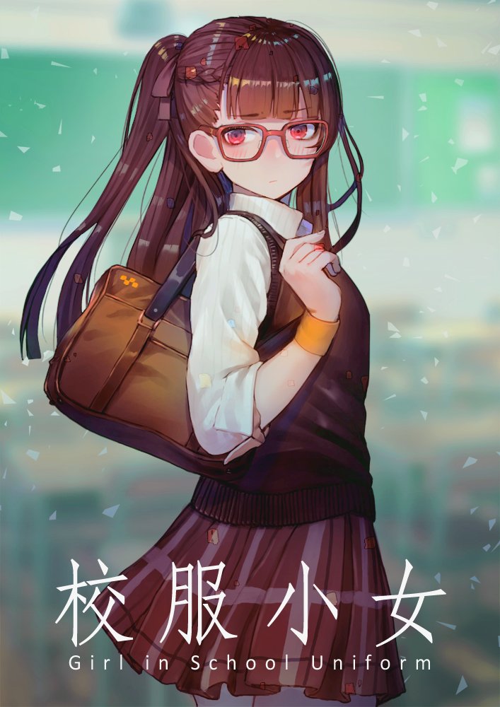 1girl, alternate_costume, bag, bangs, blunt_bangs, blush, braid, breasts