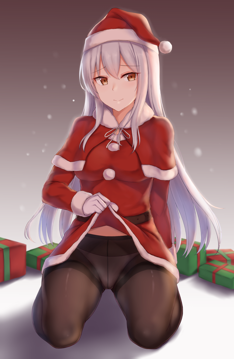 1girl, alternate_costume, black_legwear, cai_geng, capelet, christmas, fur_trim, gloves