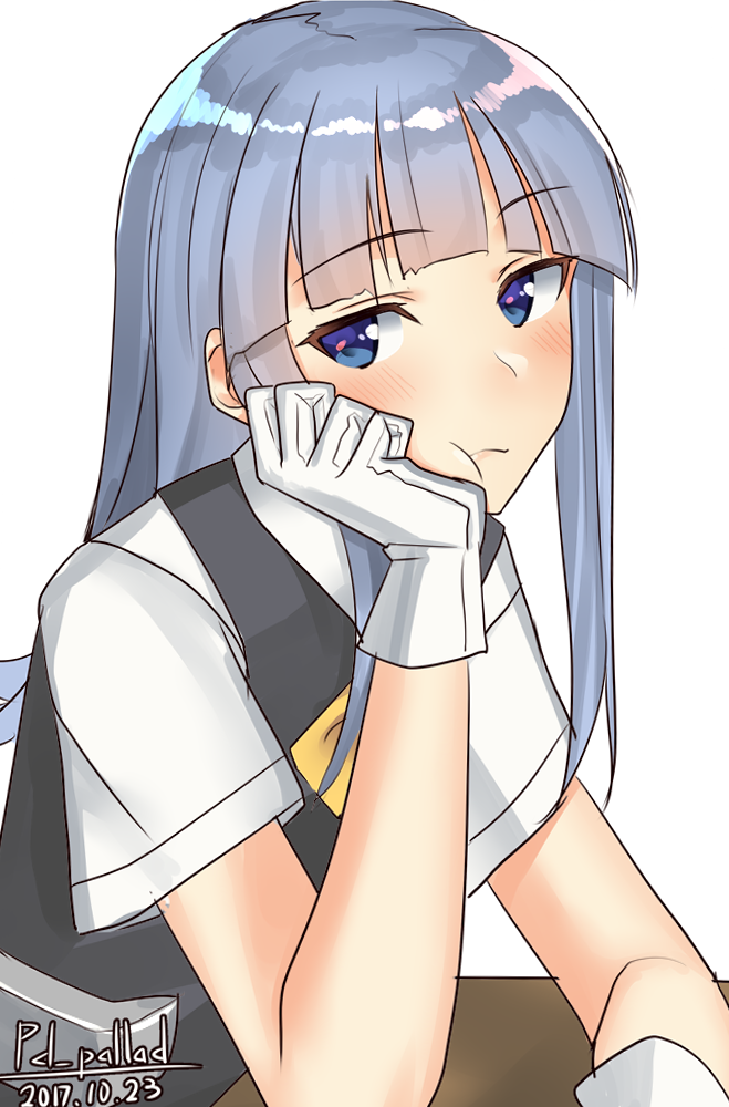 1girl, blouse, blue_eyes, blue_hair, blush, eyebrows_visible_through_hair, gloves, grey_vest