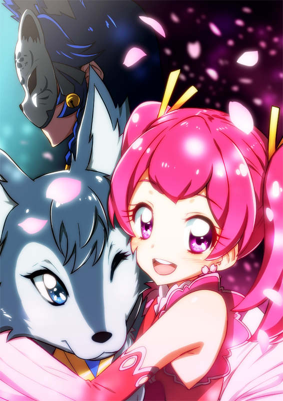 2girls, :d, bell, blue_eyes, blue_hair, commentary_request, long_hair, looking_at_viewer, magical_girl, mask, multiple_girls, one_eye_closed, open_mouth, pink_eyes, pink_hair, precure, precure_dream_stars, sakura_(precure), samidare_(precure), shizuku_(precure), smile, twintails, yuto_(dialique)