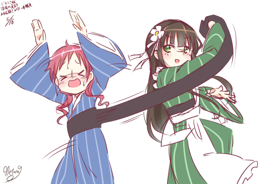 >:d, >_<, 2girls, ama_usa_an_uniform, apron, arms_up, bangs, black_hair