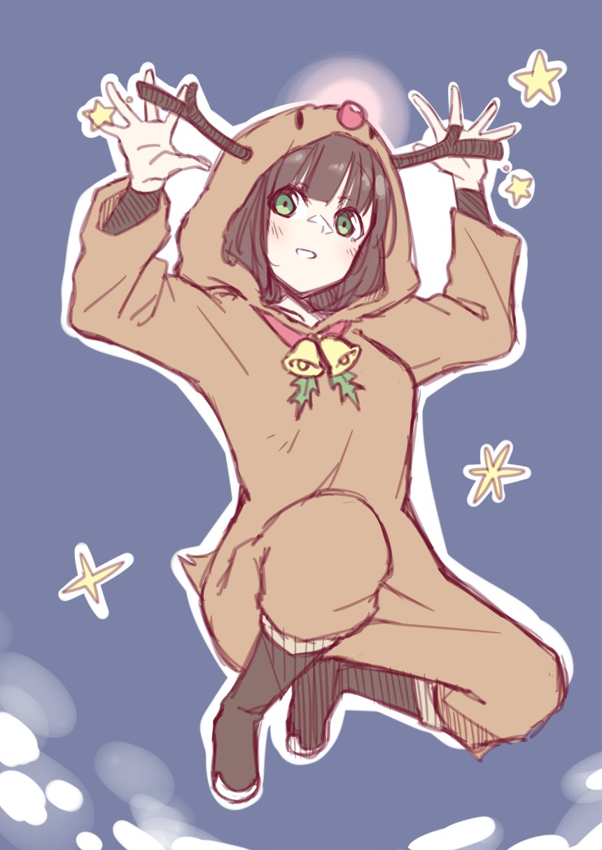 1girl, :d, animal_costume, antlers, arms_up, bangs, bell, blue_background