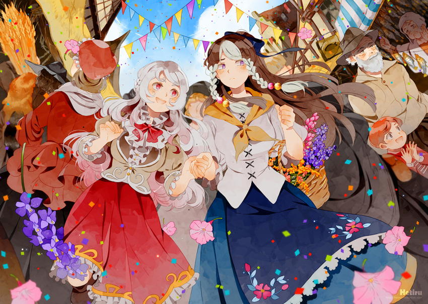 :d, artist_name, black_hat, blue_skirt, blue_sky, blurry, blush, bow