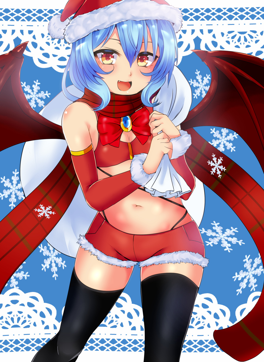 1girl, absurdres, bat_wings, black_legwear, blue_background, bow, bowtie, bra, breasts, brooch, cleavage, fang, fujimori_tonkatsu, hair_between_eyes, hat, highres, jewelry, looking_at_viewer, navel, red_bra, red_hat, red_neckwear, red_scarf, red_shorts, remilia_scarlet, sack, santa_costume, santa_hat, scarf, shorts, smile, snowflakes, solo, standing, thigh-highs, touhou, underwear, wings