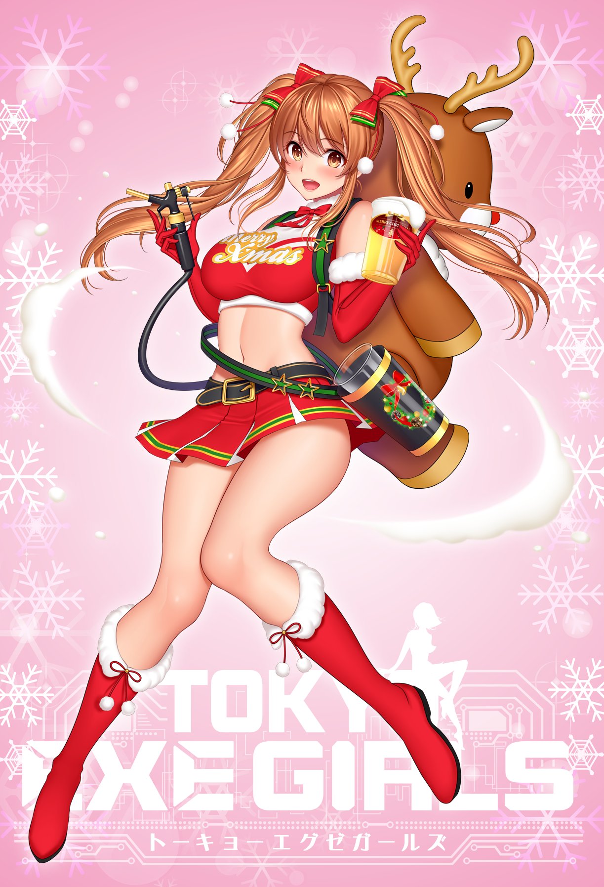 1girl, alcohol, bangs, beer, beltskirt, blush, boots, bow, breasts, brown_eyes, brown_hair, christmas, commentary_request, elbow_gloves, eyebrows_visible_through_hair, full_body, fur_trim, gloves, gradient, gradient_background, hair_bow, hat, highres, holding, knee_boots, large_breasts, logo, long_hair, looking_at_viewer, miniskirt, navel, official_art, open_mouth, pom_pom_(clothes), red_footwear, red_gloves, santa_costume, santa_hat, shimashima08123, skirt, sleeveless, smile, snowflake_background, tokyo_exe_girls