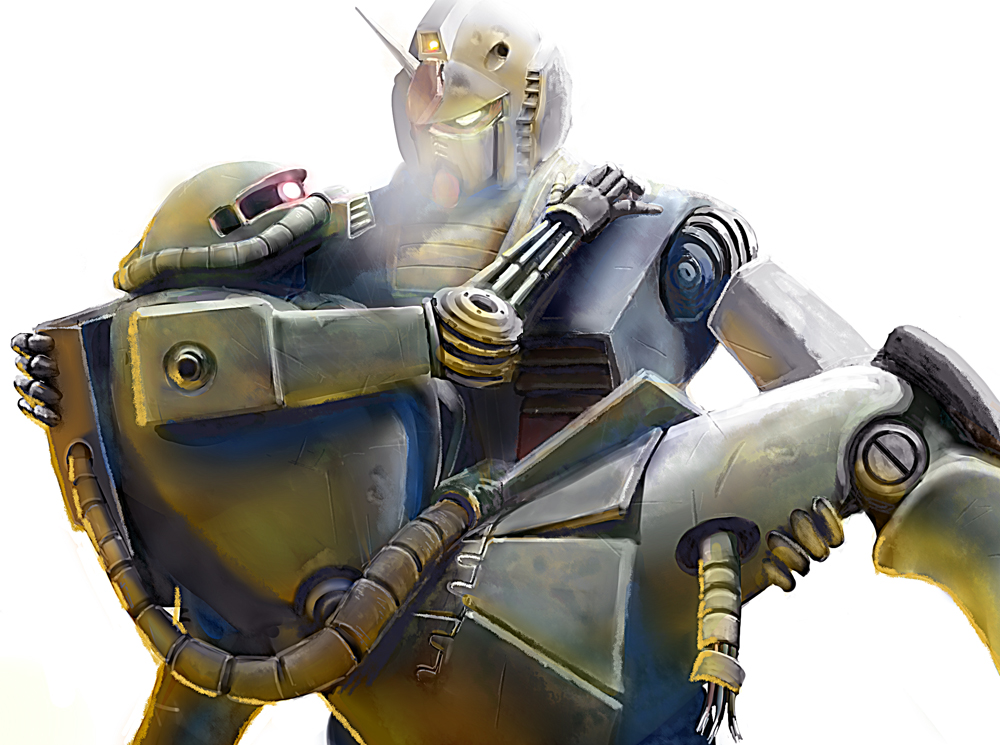 carrying, couple, gundam, heavy_breathing, injury, mecha, mobile_suit_gundam, princess_carry