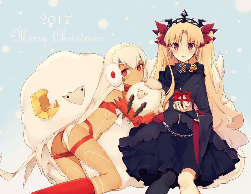 2girls, altera_(fate), altera_the_santa, ass, asymmetrical_legwear, black_dress, blonde_hair, blush