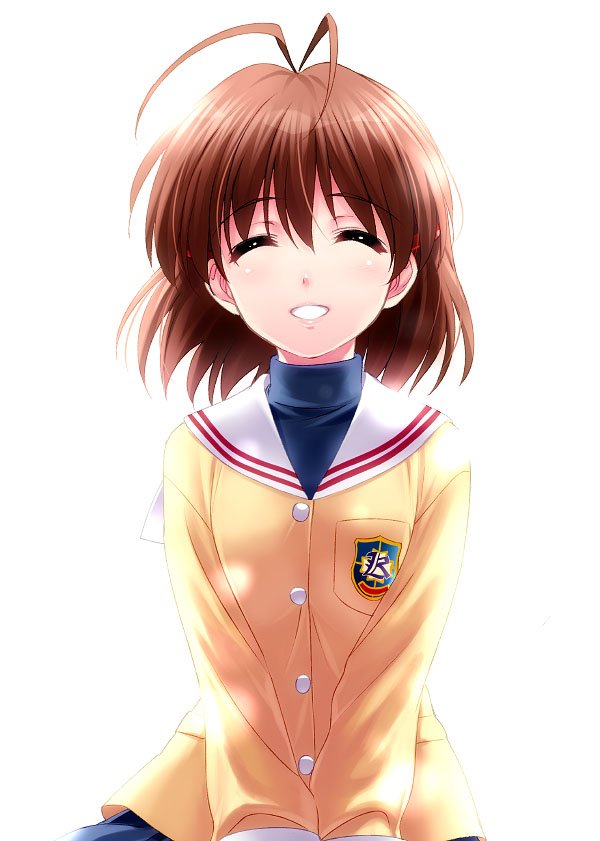 1girl, antenna_hair, brown_hair, clannad, closed_eyes, furukawa_nagisa, hikarizaka_private_high_school_uniform, parted_lips