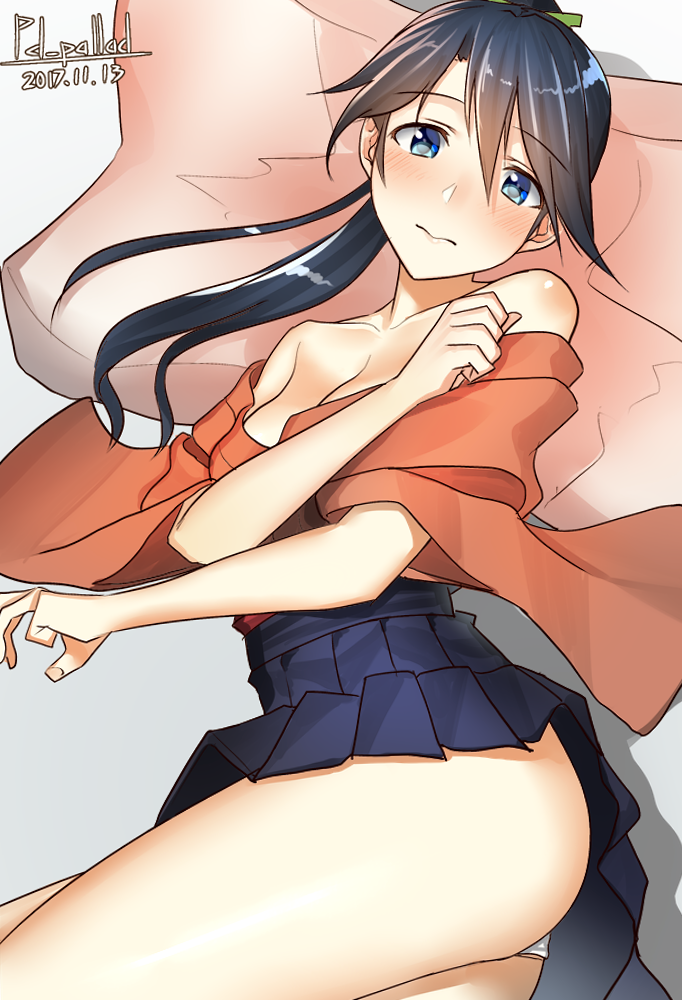 1girl, artist_name, ass, bare_shoulders, blue_hair, blush, breasts, cleavage