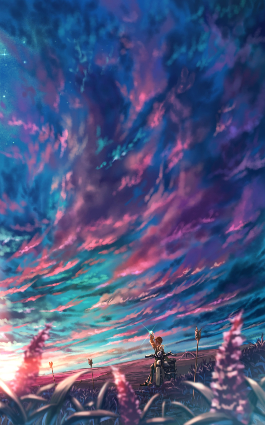 1girl, absurdres, arrow, bicycle, blurry, clouds, cloudy_sky, commentary_request