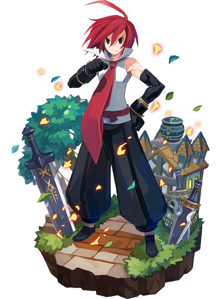 1boy, adell_(disgaea), ahoge, alpha_transparency, black_eyes, black_gloves, disgaea, faux_figurine, full_body, gloves, hand_on_hip, harada_takehito, leaf, makai_wars, male_focus, necktie, official_art, redhead, short_hair, smile, solo, sword, transparent_background, tree, weapon