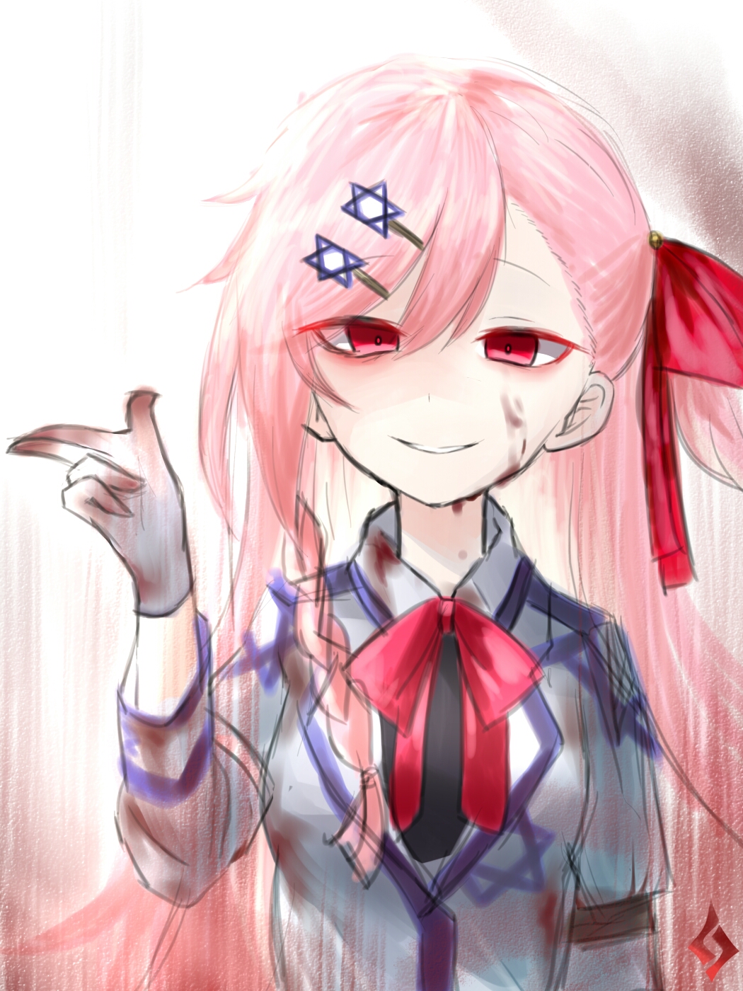 1girl, arm_at_side, armband, artist_request, asymmetrical_hair, bangs, blood, blood_drip