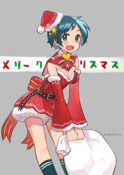 1girl, :d, breasts, cleavage, cowboy_shot, detached_sleeves, frilled_skirt, frills, fur-trimmed_sleeves, fur_trim, green_hair, green_legwear, hat, kantai_collection, kneehighs, looking_at_viewer, medium_breasts, mogami_(kantai_collection), mogamiya_honu, open_mouth, santa_costume, santa_hat, short_hair, skirt, smile, solo, twitter_username