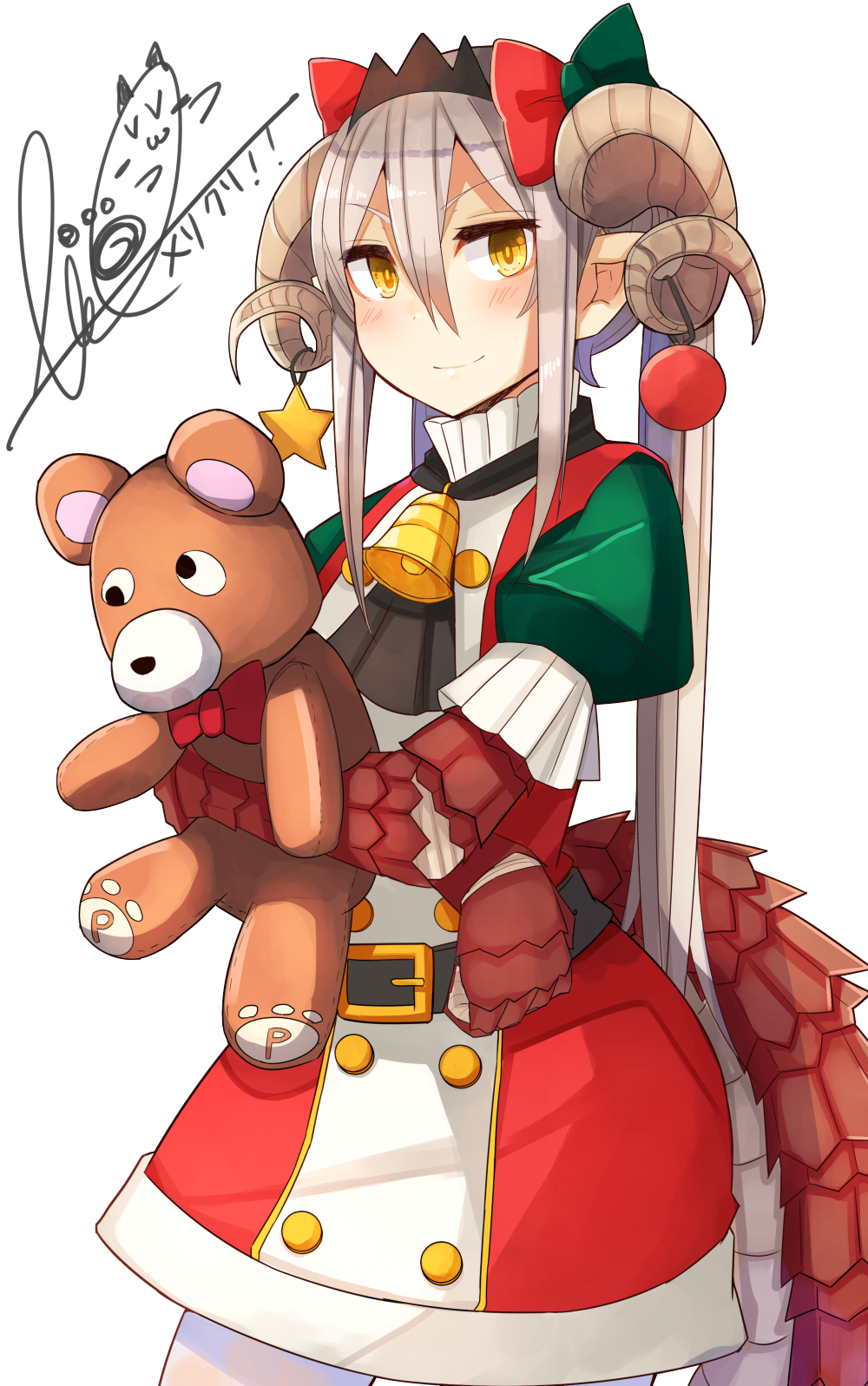 1girl, bell, commentary_request, cowboy_shot, hair_ornament, hair_ribbon, highres, holding