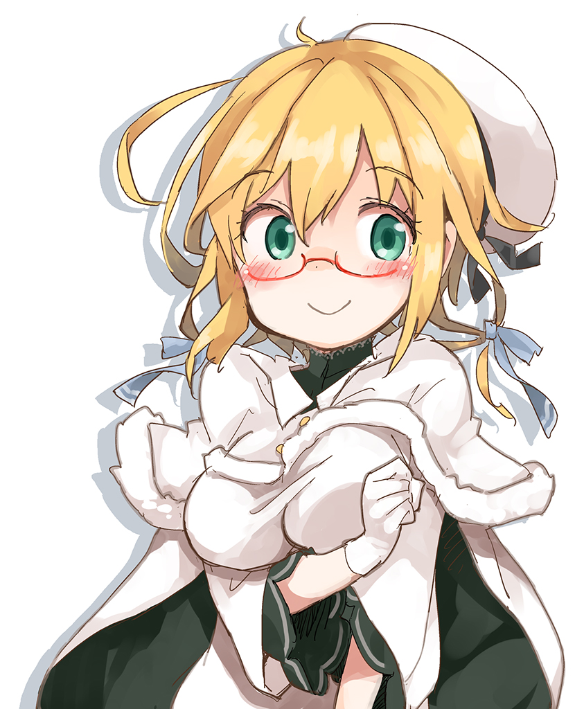 1girl, blonde_hair, blue_eyes, blush, breasts, capelet, dress, fur-trimmed_capelet