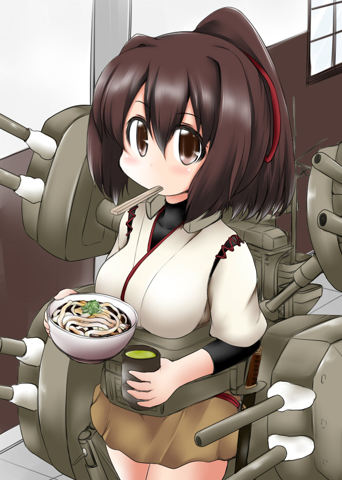 1girl, bowl, breasts, brown_eyes, brown_hair, brown_hakama, cannon, chopsticks