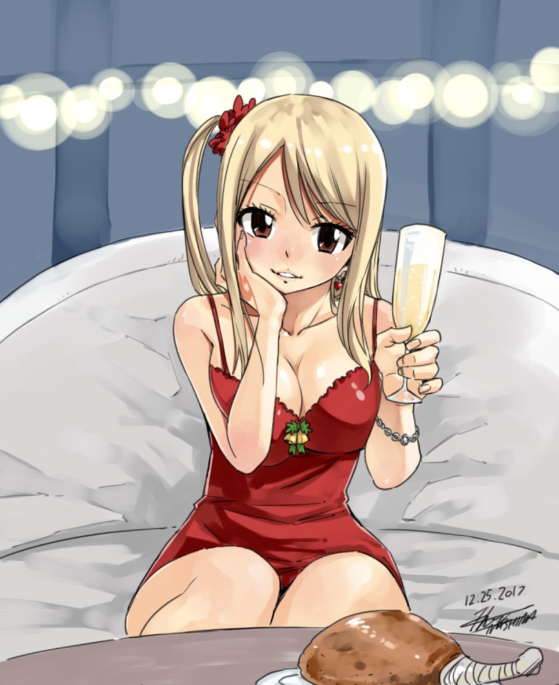 1girl, blonde_hair, breasts, cleavage, couch, cup, dated, dress