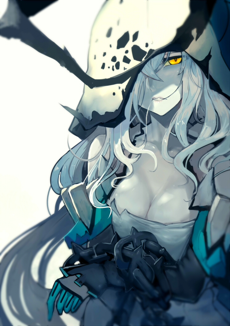 1girl, breasts, cleavage, commentary_request, entombed_air_defense_guardian_hime, frown, gloves, hair_in_face, hair_over_one_eye, hood, hood_up, kantai_collection, large_breasts, long_hair, long_sleeves, shadow, shinkaisei-kan, sidelocks, silver_hair, solo, upper_body, walzrj, white_background, yellow_eyes