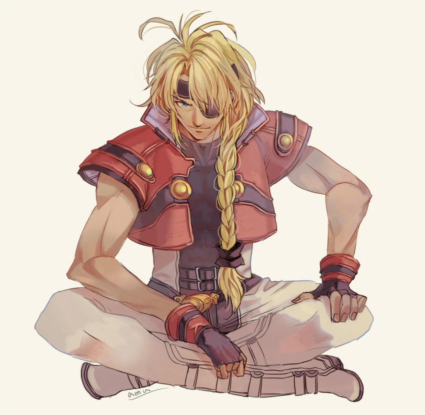 1boy, amu_(nsk0), bartholomew_fatima, black_gloves, black_shirt, blonde_hair, blue_eyes, braid