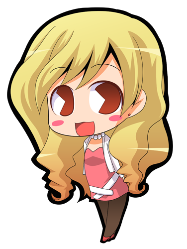 blonde_hair, blush, brown_eyes, chibi, dress, long_hair, lowres, pac-man_eyes