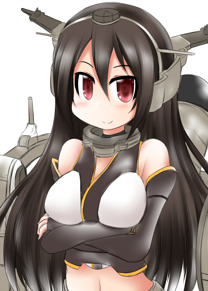 1girl, bare_shoulders, black_gloves, black_hair, breasts, crossed_arms, elbow_gloves, fingerless_gloves, gloves, headgear, kantai_collection, large_breasts, long_hair, machinery, midriff, nagato_(kantai_collection), navel, ouno_(nounai_disintegration), red_eyes, simple_background, smile, solo, white_background