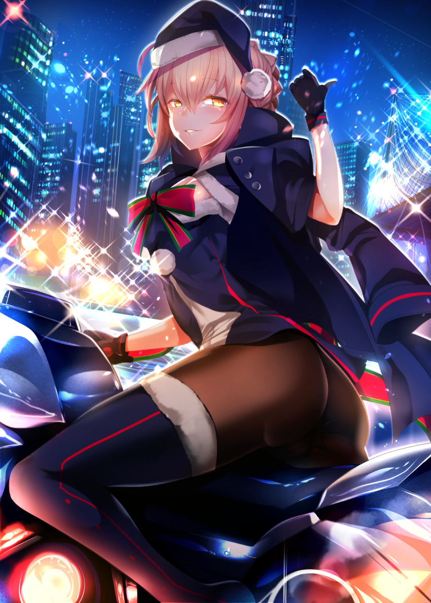 1girl, artoria_pendragon_(all), ass, black_gloves, black_legwear, blonde_hair, building, city_lights