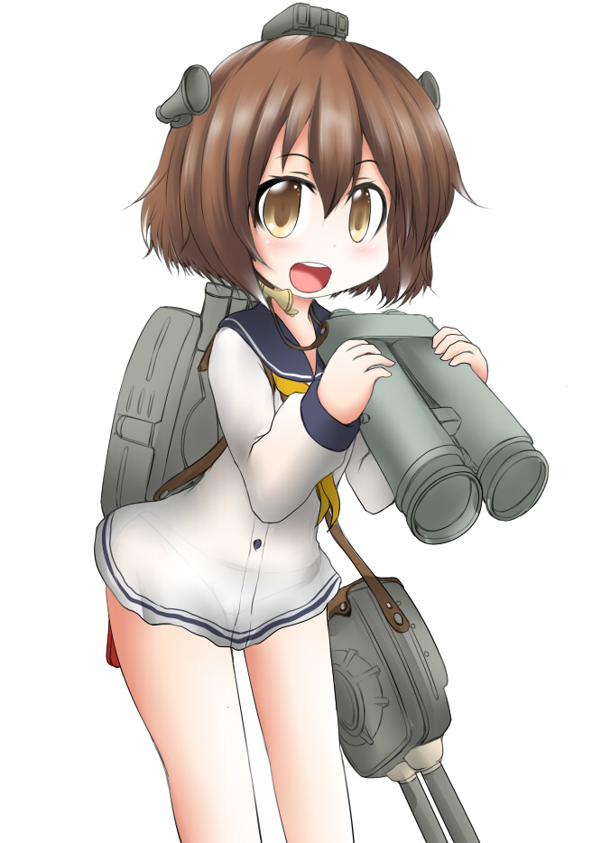 1girl, :d, binoculars, brown_eyes, brown_hair, cowboy_shot, dress, hair_ornament