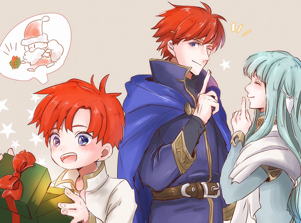 1girl, 2boys, armor, blue_hair, cape, christmas, dress, eliwood_(fire_emblem)