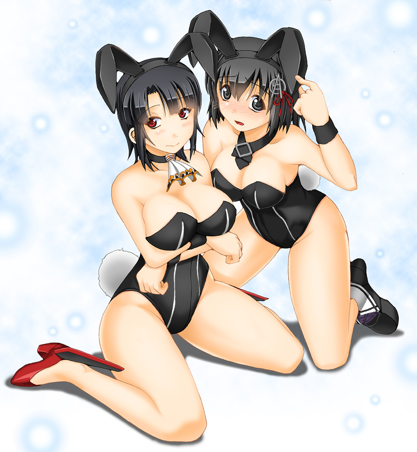2girls, animal_ears, bare_legs, beret, black_gloves, black_hair, black_legwear, black_leotard, blush, bow, bowtie, breasts, brown_eyes, bunny_girl, bunny_tail, bunnysuit, cleavage, detached_collar, fake_animal_ears, gloves, haguro_(kantai_collection), hair_ornament, hat, high_heels, kantai_collection, keito_(keito-ya), large_breasts, leotard, multiple_girls, open_mouth, rabbit_ears, red_eyes, shoes, short_hair, strapless, tail, takao_(kantai_collection), wrist_cuffs
