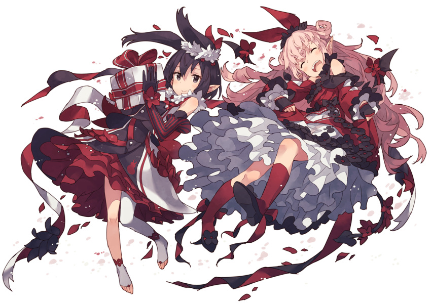 2girls, :d, alternate_costume, bangs, bare_shoulders, black_eyes, black_gloves, black_hair
