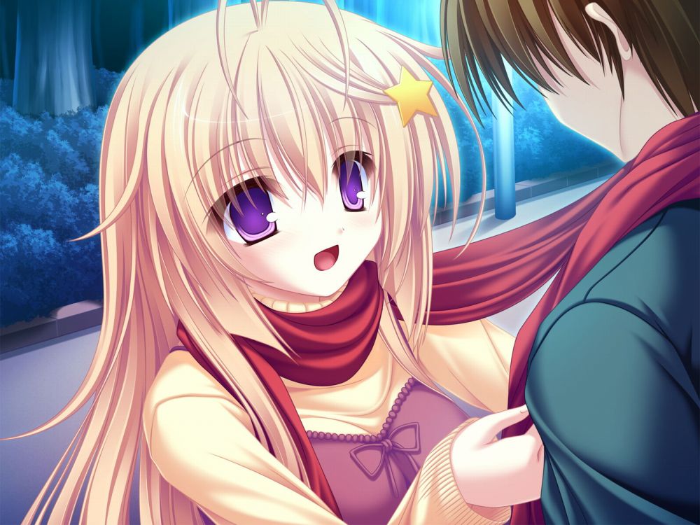 blonde_hair, game_cg, hair_ornament, hairclip, meri_chri, mikagami_mamizu, purple_eyes, scarf