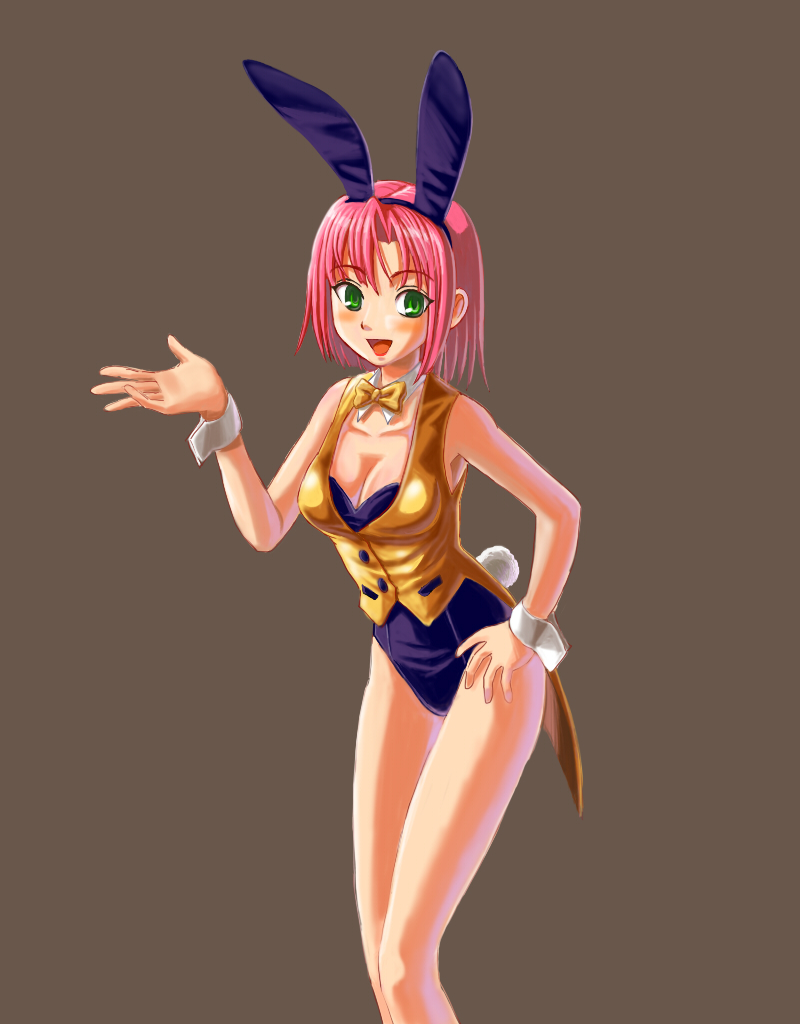 bad_id, bare_legs, bunny_ears, bunnysuit, female, green_eyes, pink_hair, rabbit_ears, rio_rollins, short_hair, solo, super_blackjack, vest, yahoten_(simplegreen)