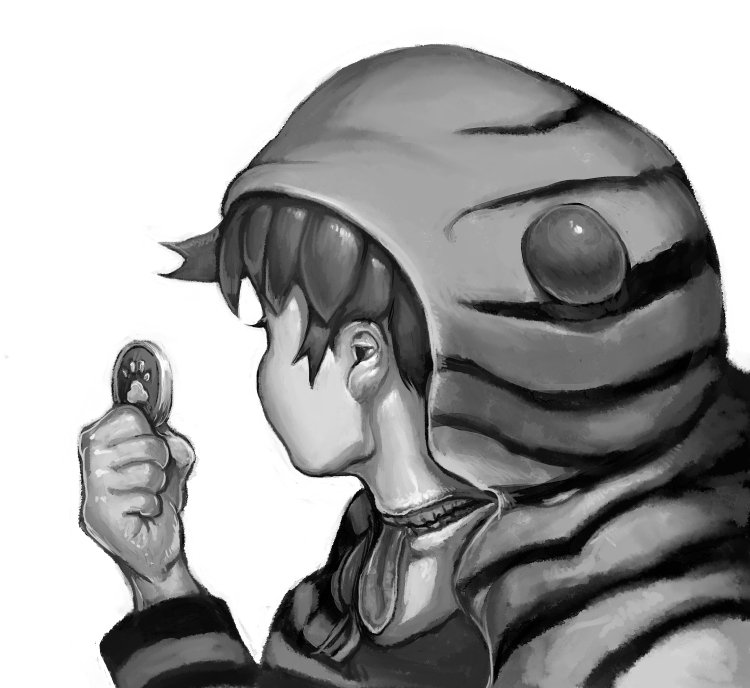 1girl, aasu_kirishita, bangs, coin, commentary_request, facing_away, fine_art_parody, from_side