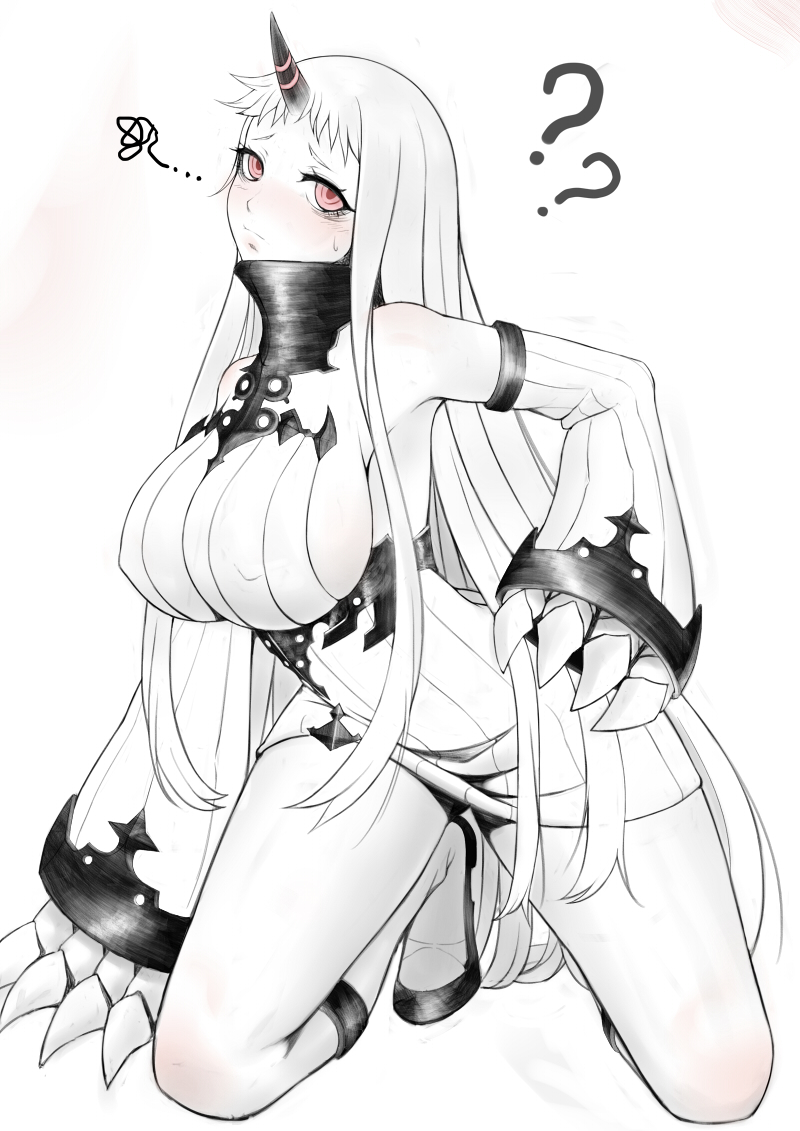 1girl, black_footwear, blush, breasts, claws, detached_sleeves, dress, erect_nipples, horn, kantai_collection, kneeling, large_breasts, long_hair, long_sleeves, looking_at_viewer, nigane, nose_blush, red_eyes, ribbed_dress, ribbed_sweater, seaport_hime, shinkaisei-kan, short_dress, sideboob, sleeves_past_wrists, solo, sweatdrop, sweater, sweater_dress, very_long_hair, white_dress, white_hair, white_skin
